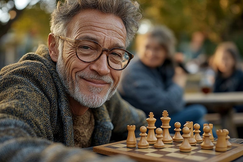 Close up photograph of older man sitting at a table with a chess board and pieces smiling at the camera with several blurred people in the background.